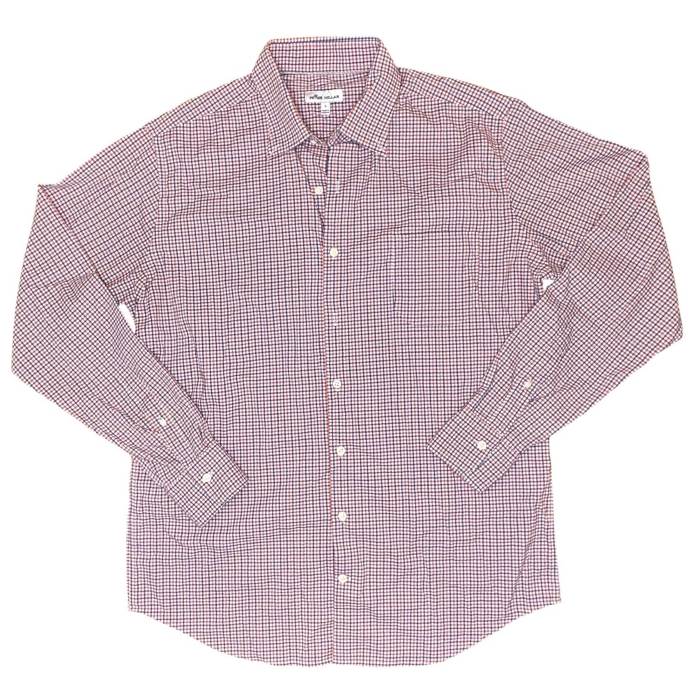 Peter Millar Button Down Shirt Orange Blue White Micro Check Plaid Mens Large
